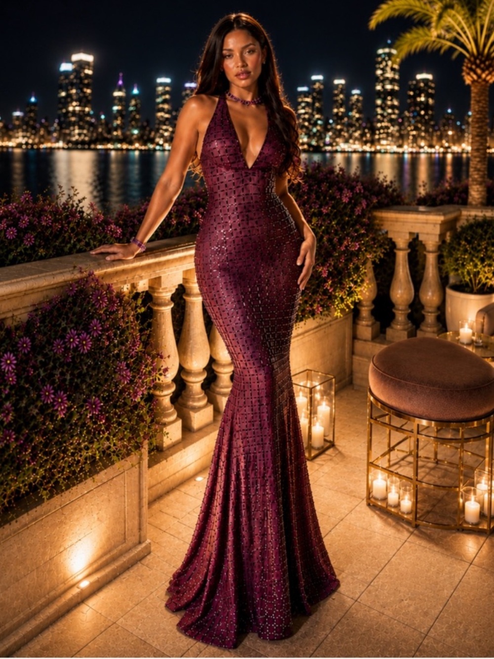 Oh Polly Deep Purple Audrey Embellished Halterneck Gown